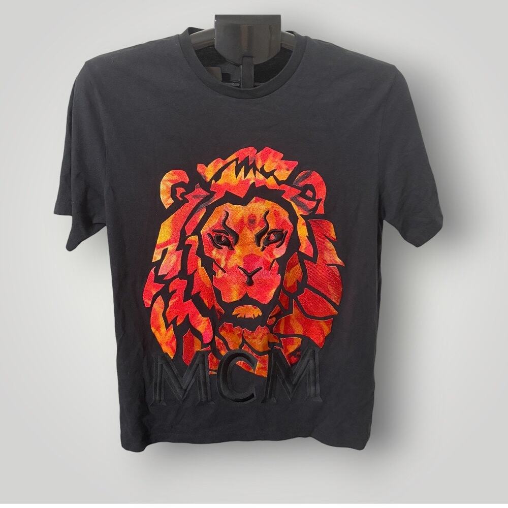 Mens MCM Black Lion Applique Embroidered Short Sleeve T-Shirt Size M Authentic